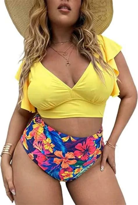 Buy Plus Curvves Plus Size Floral Tropical Print Bikini Ruffle Sleeve 2