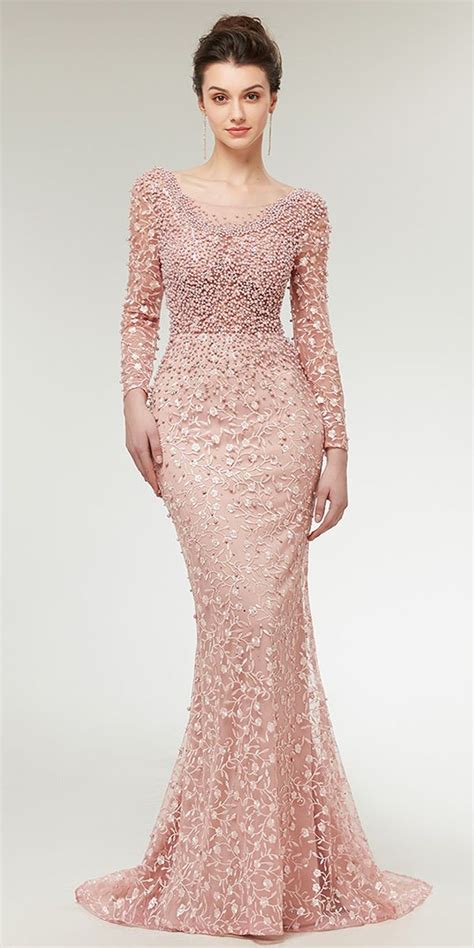 Stunning Lace Scoop Neckline Long Sleeves Mermaid Evening Dress With