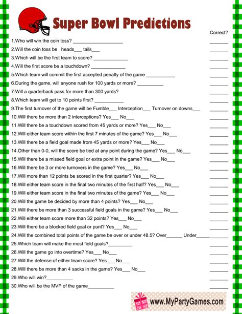 Free Printable Super Bowl Predictions Game Card