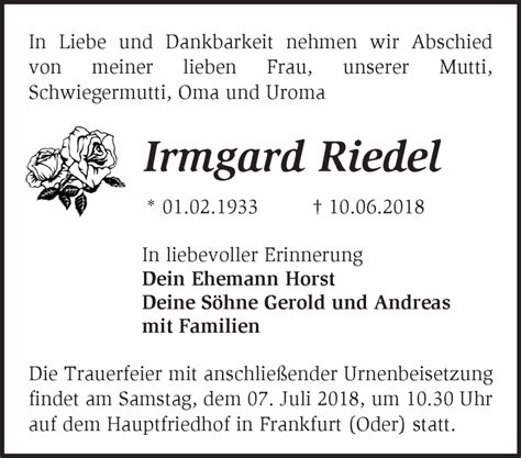 Traueranzeigen von Irmgard Riedel Märkische Onlinezeitung Trauerportal