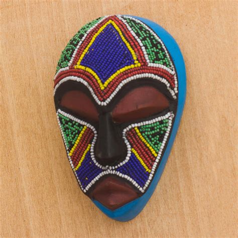 Colorful Beaded African Wood Mask From Ghana Abusua Novica