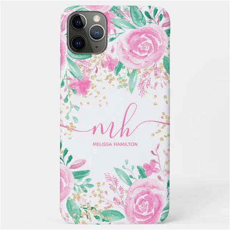 Pink Roses Floral Watercolor Gold Glitter Monogram Case Mate Iphone