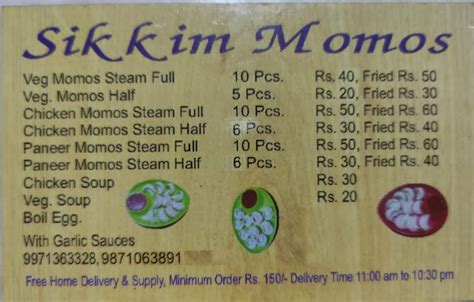 Menu At Sikkim Momos New Delhi Ahlcon Public School Gate