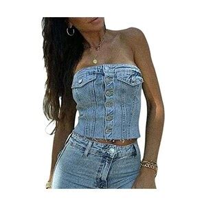 Femereina Da Donna Button Down Denim Bustier Crop Top Senza Spalline