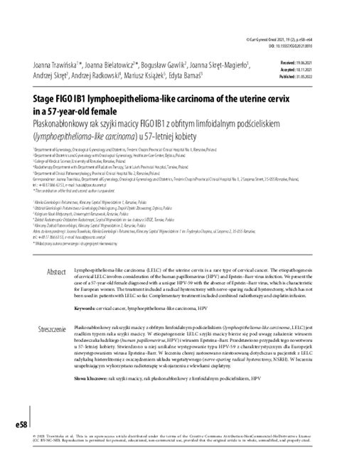 Pdf Stage Figo Ib1 Lymphoepithelioma Like Carcinoma Of The Uterine Cervix In A 57 Year Old