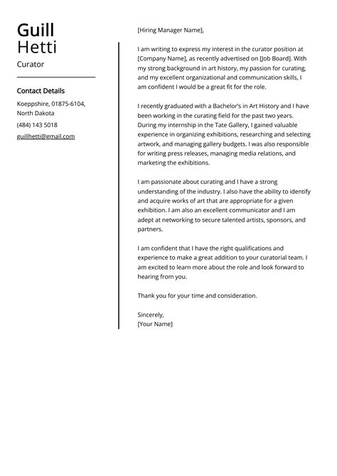 Curator Cover Letter Example For Skills Templates