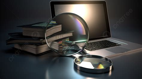 An Example Of A Magnifying Glass And Books Positioned Before A Laptop