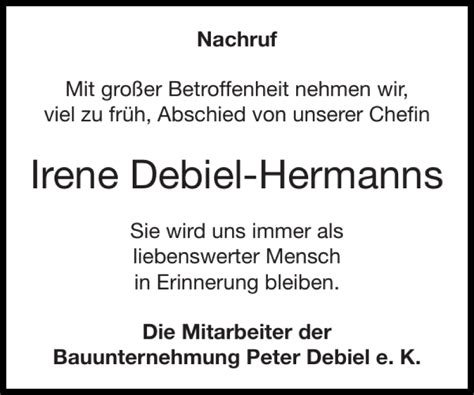 Traueranzeigen Von Irene Debiel Hermanns Aachen Gedenkt