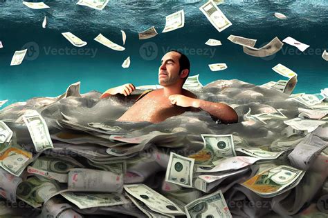 Illustration Of Man Swimming In The Very Large Pile Of Money