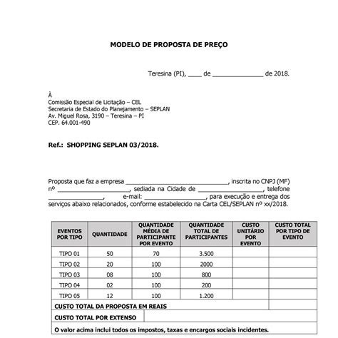 MODELO DE PROPOSTA DE PREÇO - SHOPPING - Alimentação.docx | DocDroid