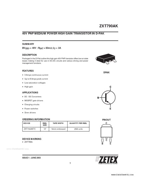 ZXT790AK DIODES TRANSISTOR Hoja de datos Ficha técnica Distribuidor