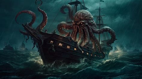 Um Monstro Polvo Kraken Gigante Atacando Um Navio Pirata No Oceano