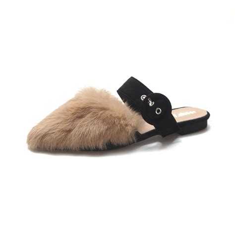 Women Winter Fur Mules Real Rabbit Fur Fur Slippers Outdoor Fur Slides Flat Heel Closed Toe