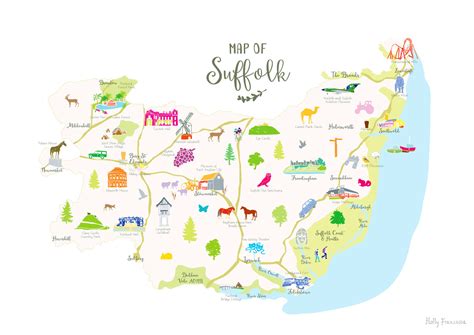 Illustrated Hand Drawn Map Of Suffolk By Uk Artist Holly Francesca