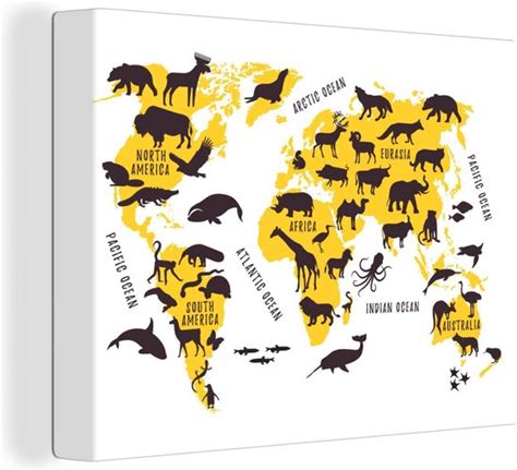 D Coration Murale Carte Du Wereldkaart Animaux Jaune Toile