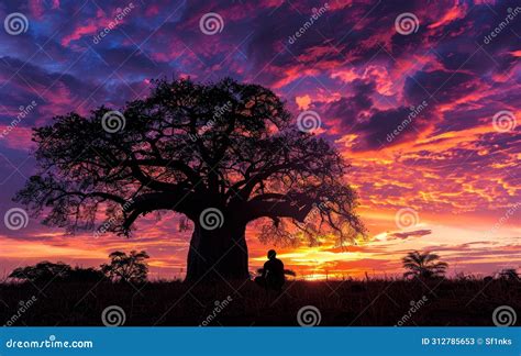 Silhouette of a Baobab Tree Against a Vibrant Sunset Sky in Africa ...