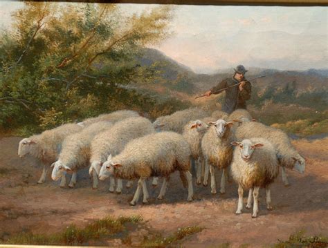 19th Century Pastoral Oil Painting With Shepherd Driving His Flock At