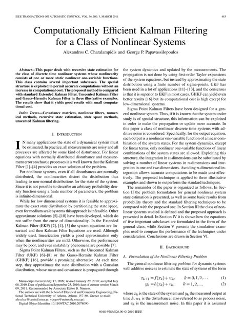 Pdf Computationally Efficient Kalman Filtering For A Class Of