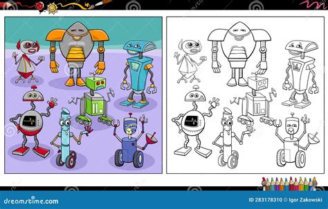 Página De Color De Grupos De Personajes De Robots Cómicos O Droides