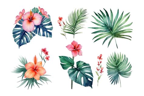 Premium Vector Watercolor Tropical Plants Bouquets Set Flat Vector