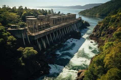 Uma barragem hidrelétrica situada em um vale exuberante mostrando a