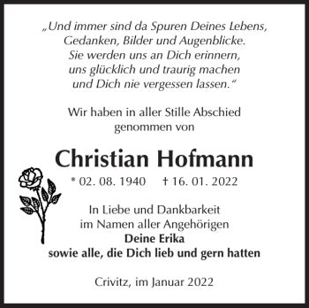 Traueranzeigen Von Christian Hofmann Trauer Nordkurier