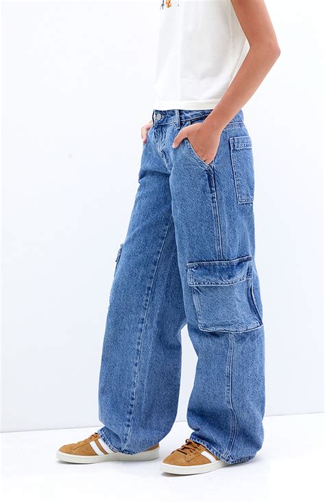 Pacsun Casey Medium Indigo Low Rise Baggy Cargo Jeans Pacsun