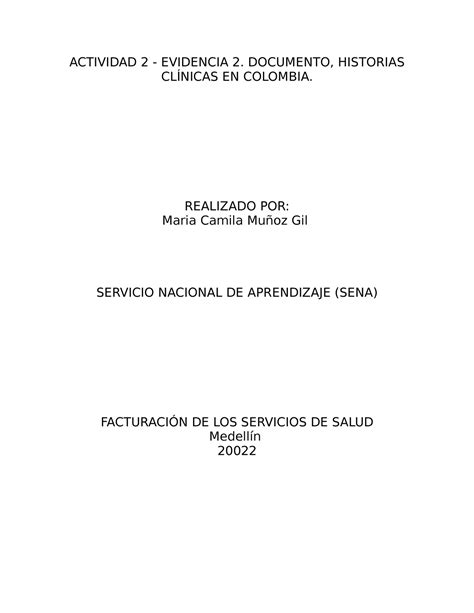 Actividad 2 Evidencia 2 Documento Historias Clínicas EN Colombia