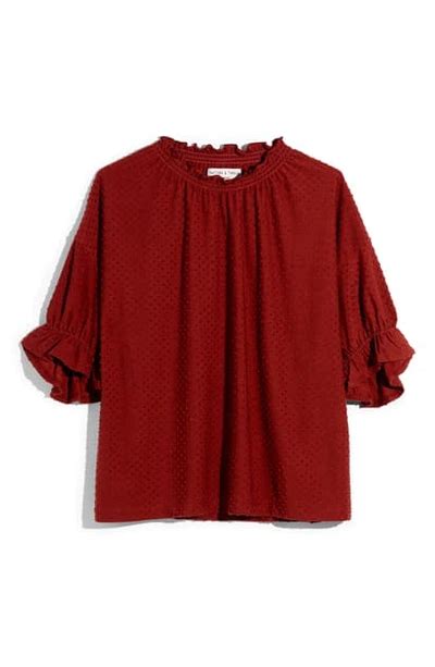 Madewell Texture And Thread Clip Dot Ruffle Top In Dark Brick Modesens