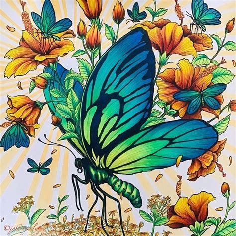 A Painting Of A Blue Butterfly With Yellow And Orange Flowers On It S Wings