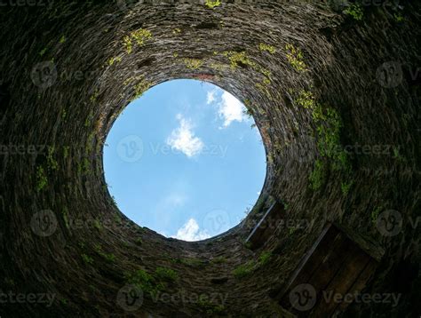 Stone Well Hole Old Construction From Inside Brick Walls And Blue Sky