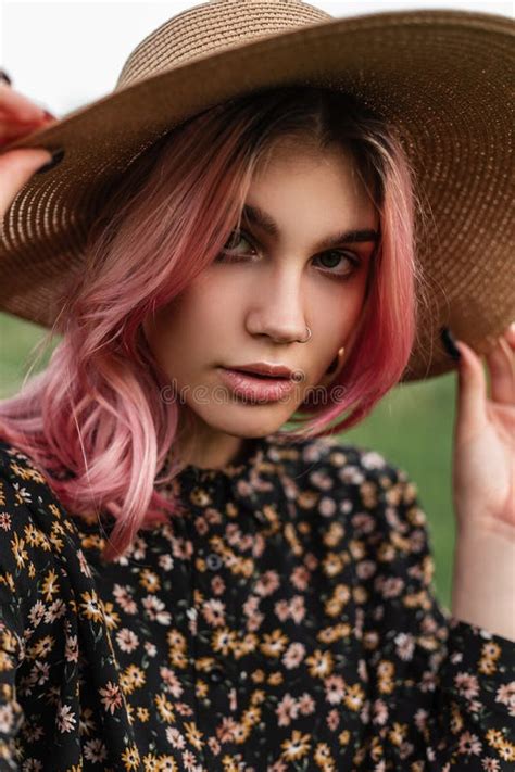 Close Up Portrait Attractive Woman With Pink Hair With Lips With Clean