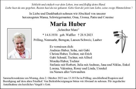 Traueranzeigen Von Maria Huber Mittelbayerische Trauer