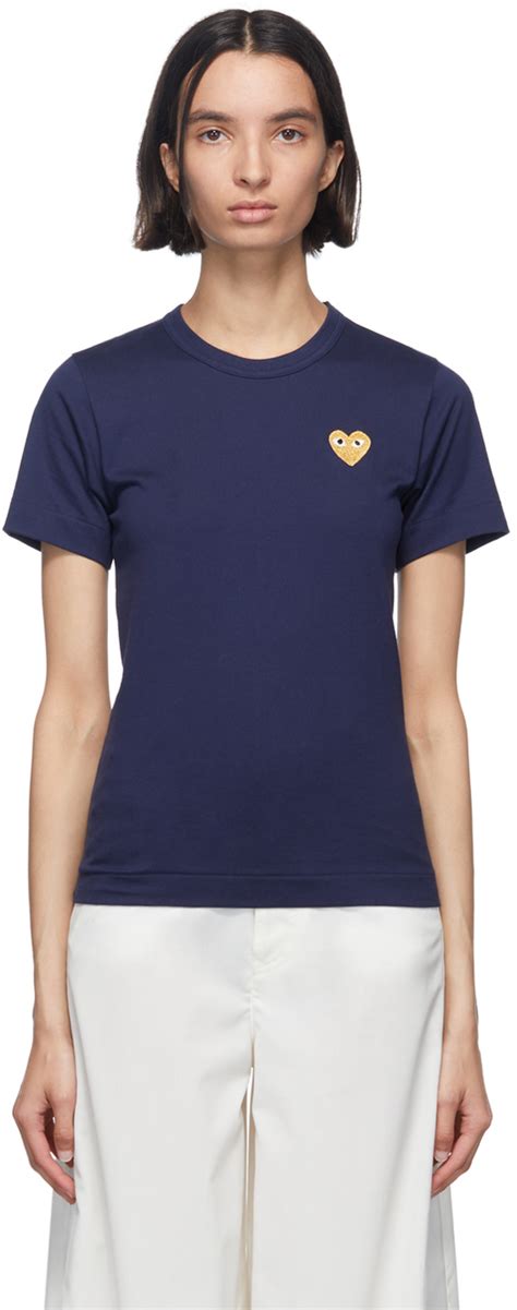 Comme Des Garçons Play Navy And Gold Heart Patch T Shirt Ssense Uk