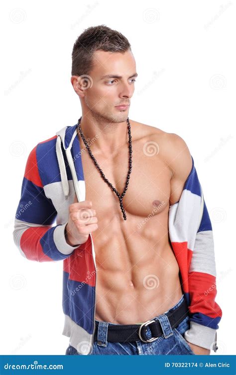 Powerful Muscular Man Posing On A White Background Stock Photo Image