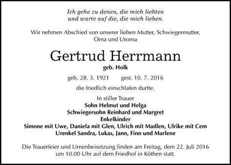 Traueranzeigen Von Gertrud Herrmann Abschied Nehmen De