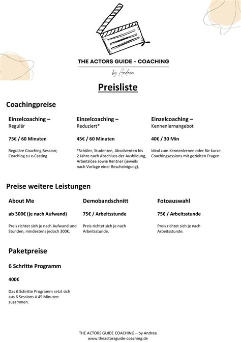 Preisliste The Actors Guide Coaching By Andrea