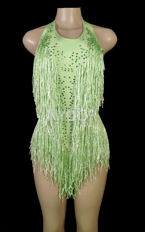 Sparkly Rhinestones Fringes Bodysuit Women Nightclub Outfit Glisten D