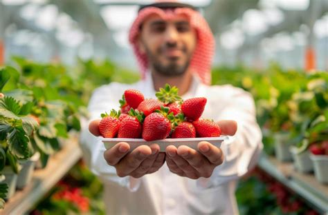 Saudi Man Holding Fresh Strawberries In Indoor Farm 43361430 Stock