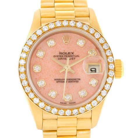 Rolex President Ladies 18k Yellow Gold Coral Diamond Dial Watch 69138 Swisswatchexpo