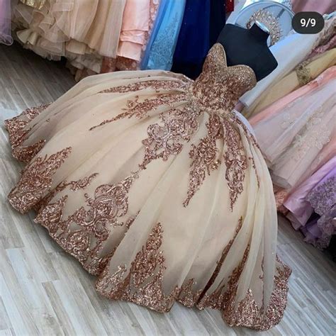 Rose Gold Sweetheart Puffy Princess Ball Gown Sweet 16 Dress Beaded Applique Quinceanera Dress