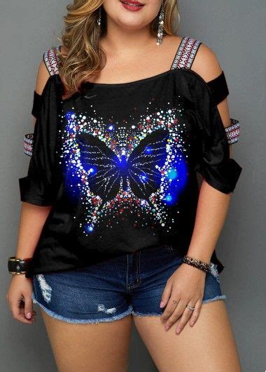 Plus Size Tops For Women Plus Size Butterfly Print Ladder Cutout Sleeve