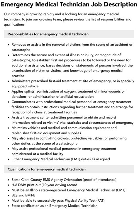 Emergency Medical Technician Job Description Velvet Jobs