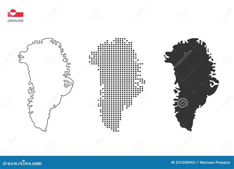 3 Versions Of Greenland Map City Vector By Thin Black Outline