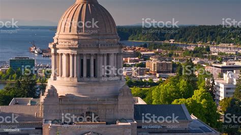 Drone Shot Of Washington State Capitol Building Dome With Puget Sound ...