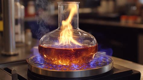 Flaming Liquid In Glass Beaker On Hot Plate Stock Illustration Illustration Of Beaker Bubbles