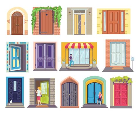 Cartoon Designs Entrance Doors Set Illustration Stylish Wooden Doors