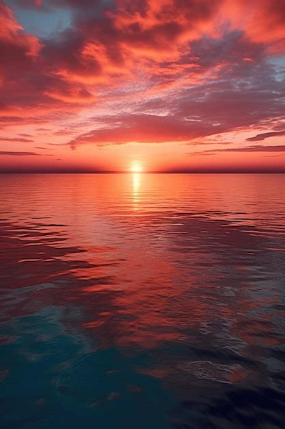 Premium Ai Image Tranquil Sunset Over A Calm Ocean Horizon Created