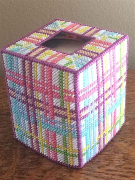 Handmade Needlepoint Plastic Canvas Tissue Box Cover Spring Plaid