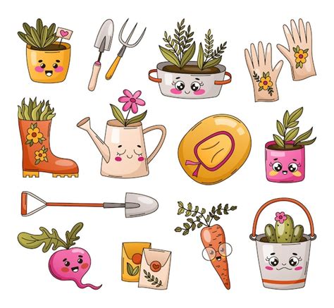 Premium Vector Cute Gardening Vector Illustration Set